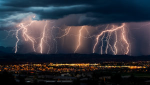 Lightning over a city on a stormy evening