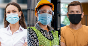 three separate employees wearing masks