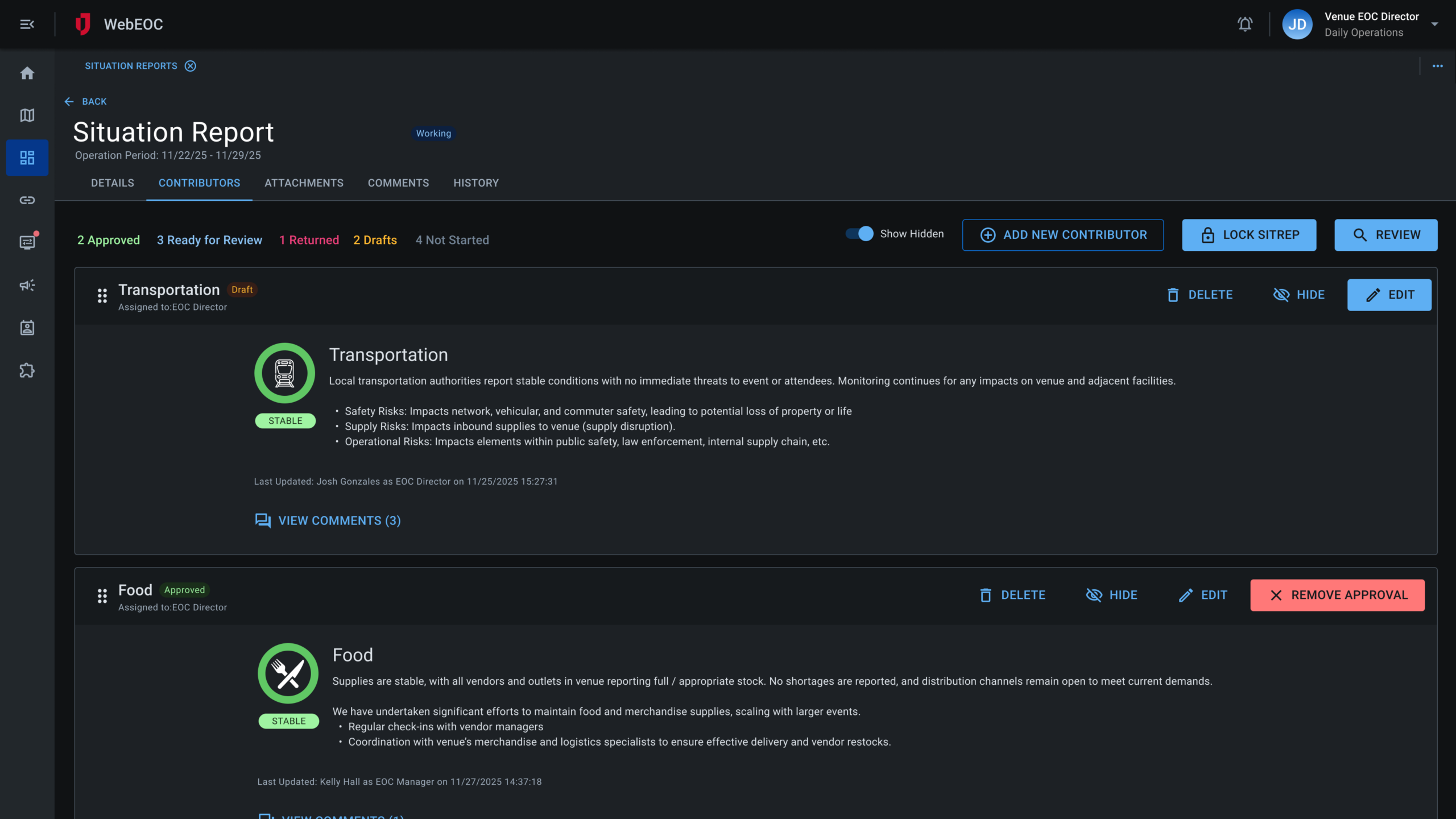Screenshot of situation report details page.