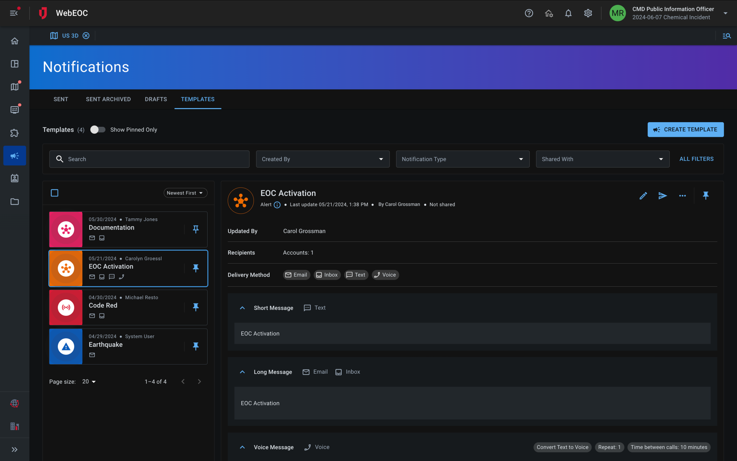 Screenshot of web EOC notifications page.
