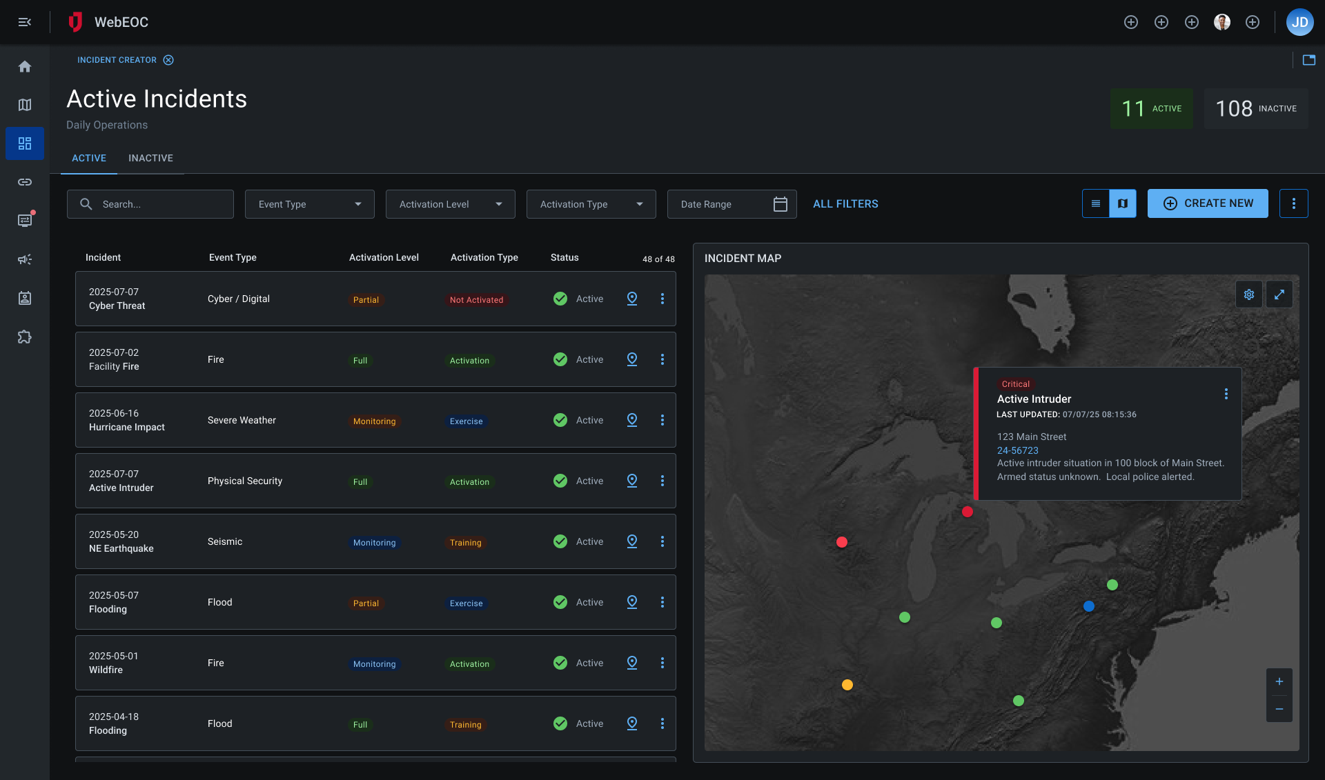 Screenshot of active incidents page.
