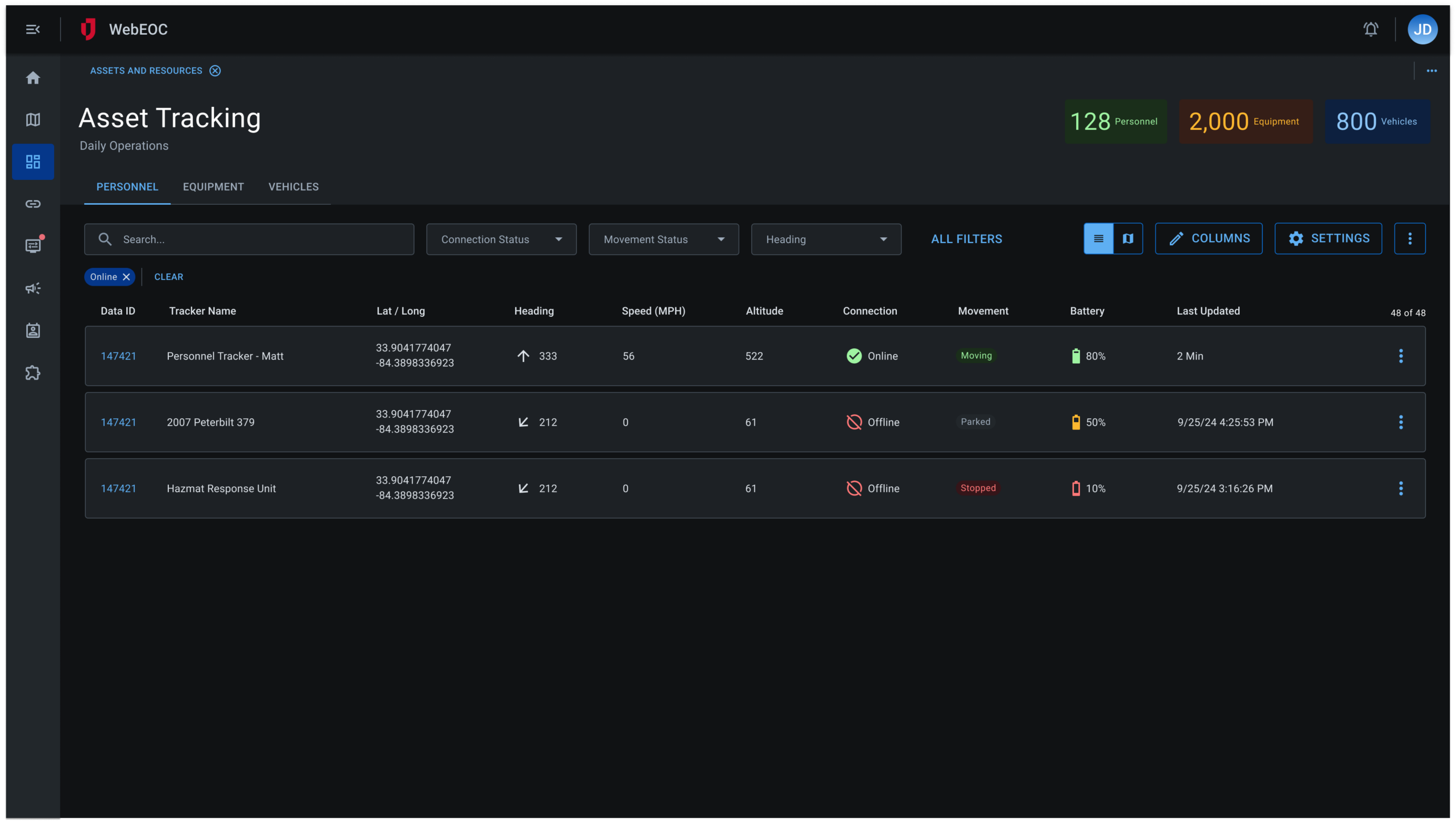 Screenshot of asset tracking.