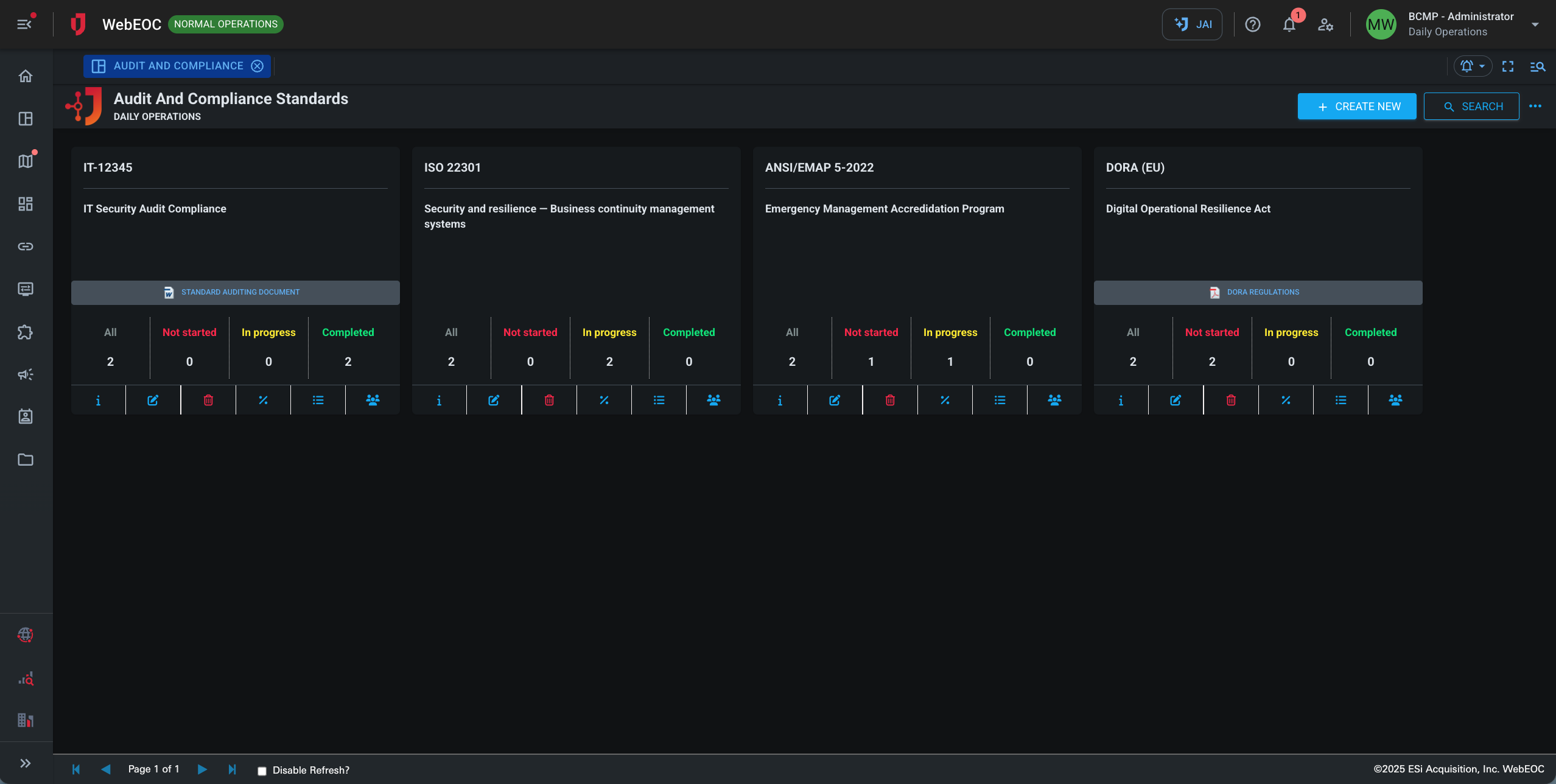 Screenshot of audit and compliance standards page.