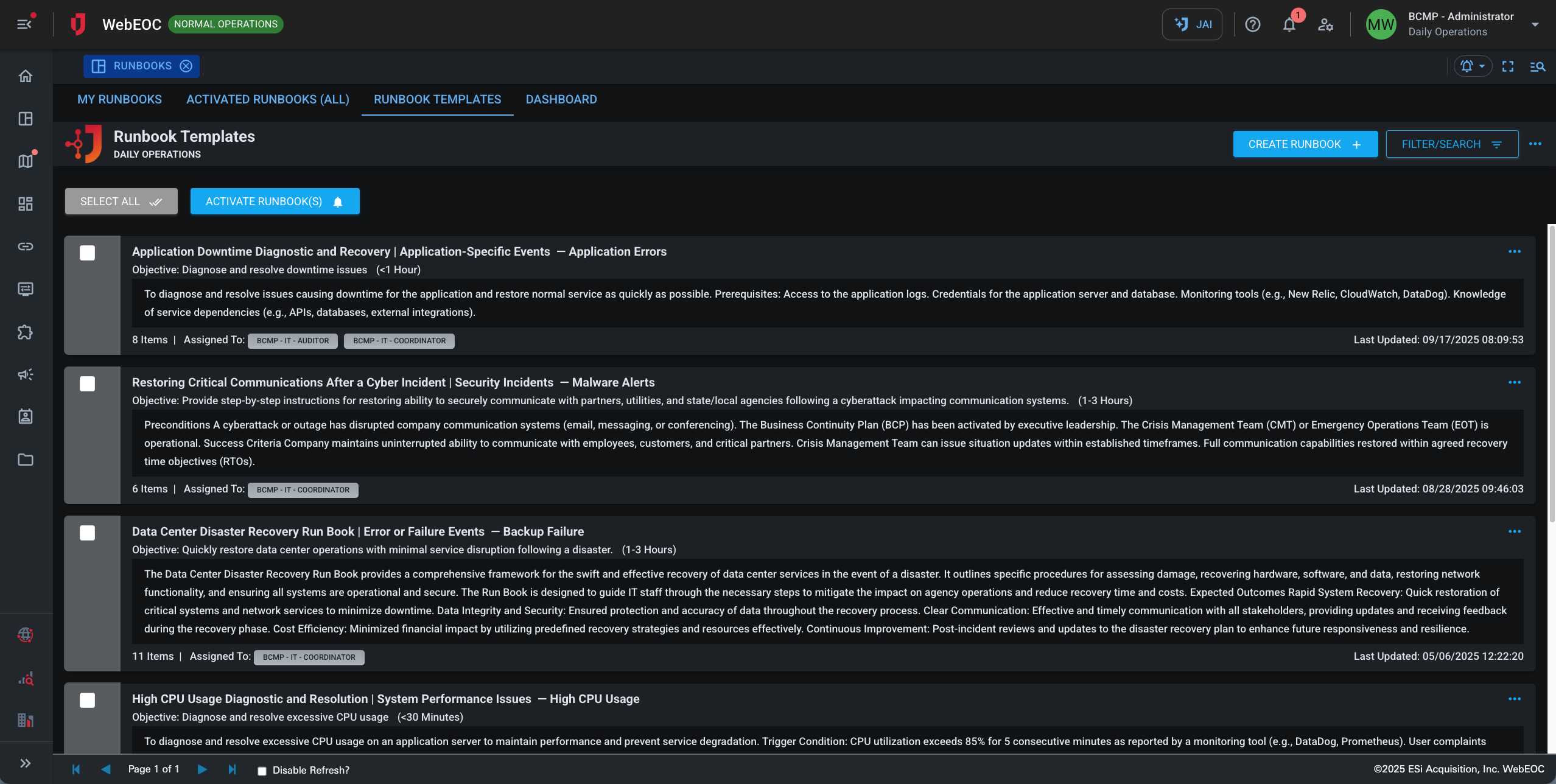 Screenshot of runbook templates page.