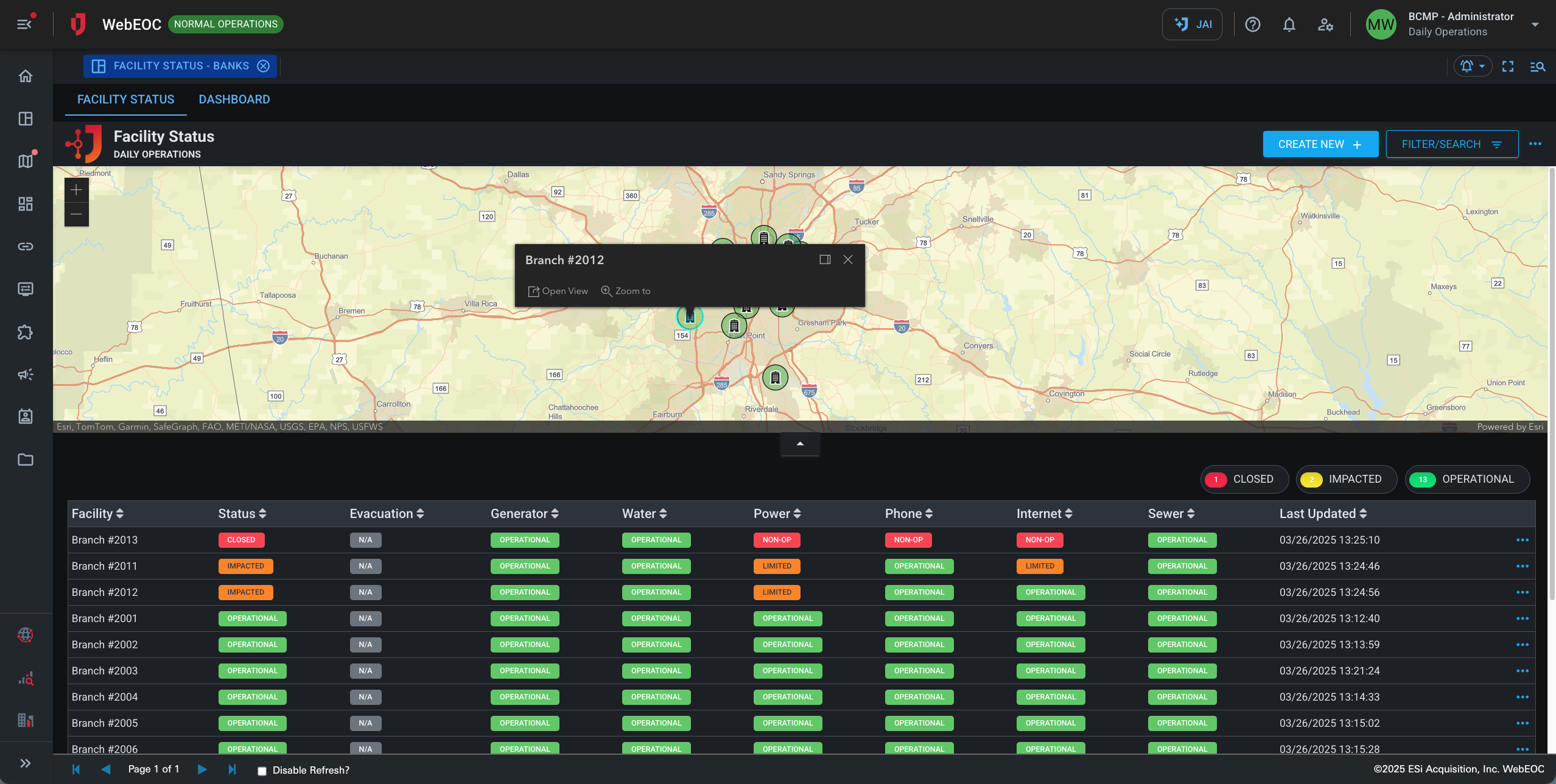 Screenshot of facility status page.