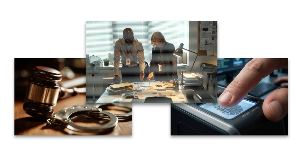 Collage of three images including gavel, handcuffs, and fingerprinting.